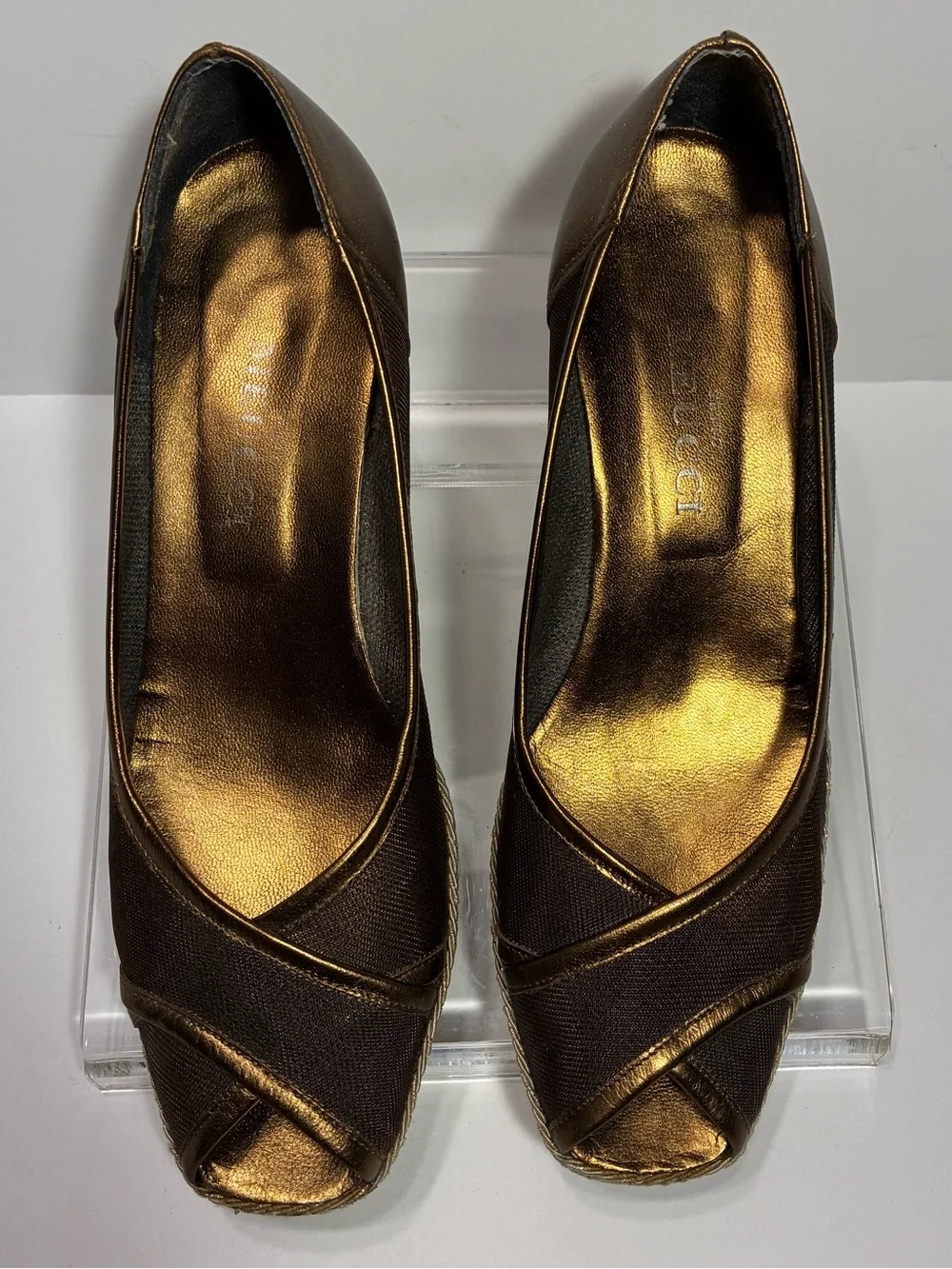 Sesto Meucci ITALY MADE Bronze Brown Peep Toe Espadrille Wedges Size 8.5